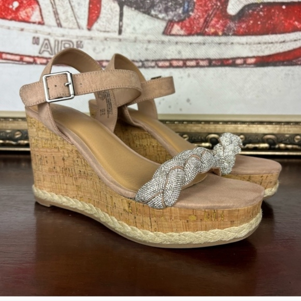 Madden NYC Women's Faux Leather Cork Wedge Sandals Size 8.5 Rhinestone Crystals